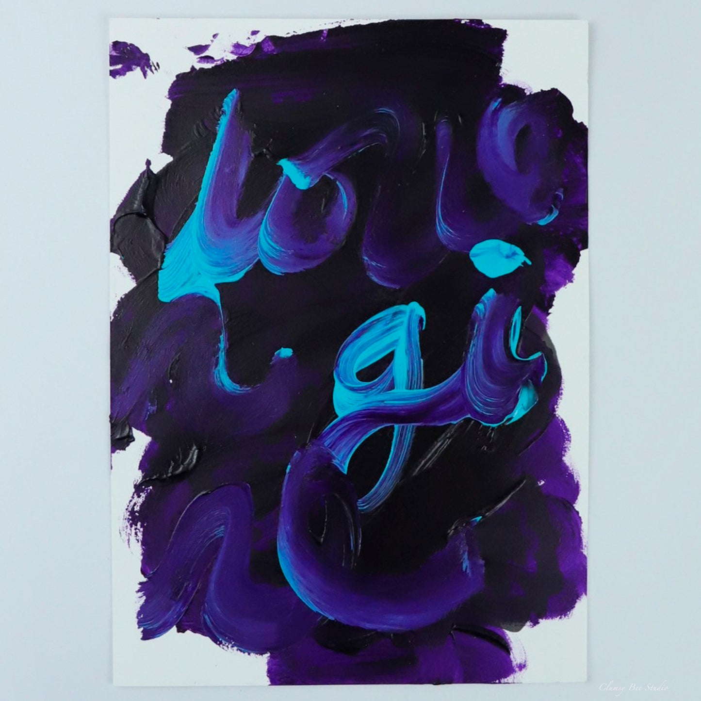 "Lover Girl" is a blue and purple painting with cursive text reading lover girl