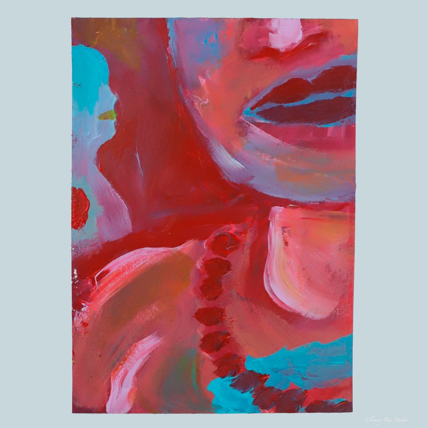 "Something Red" is a red and blue surrealism art piece with figures