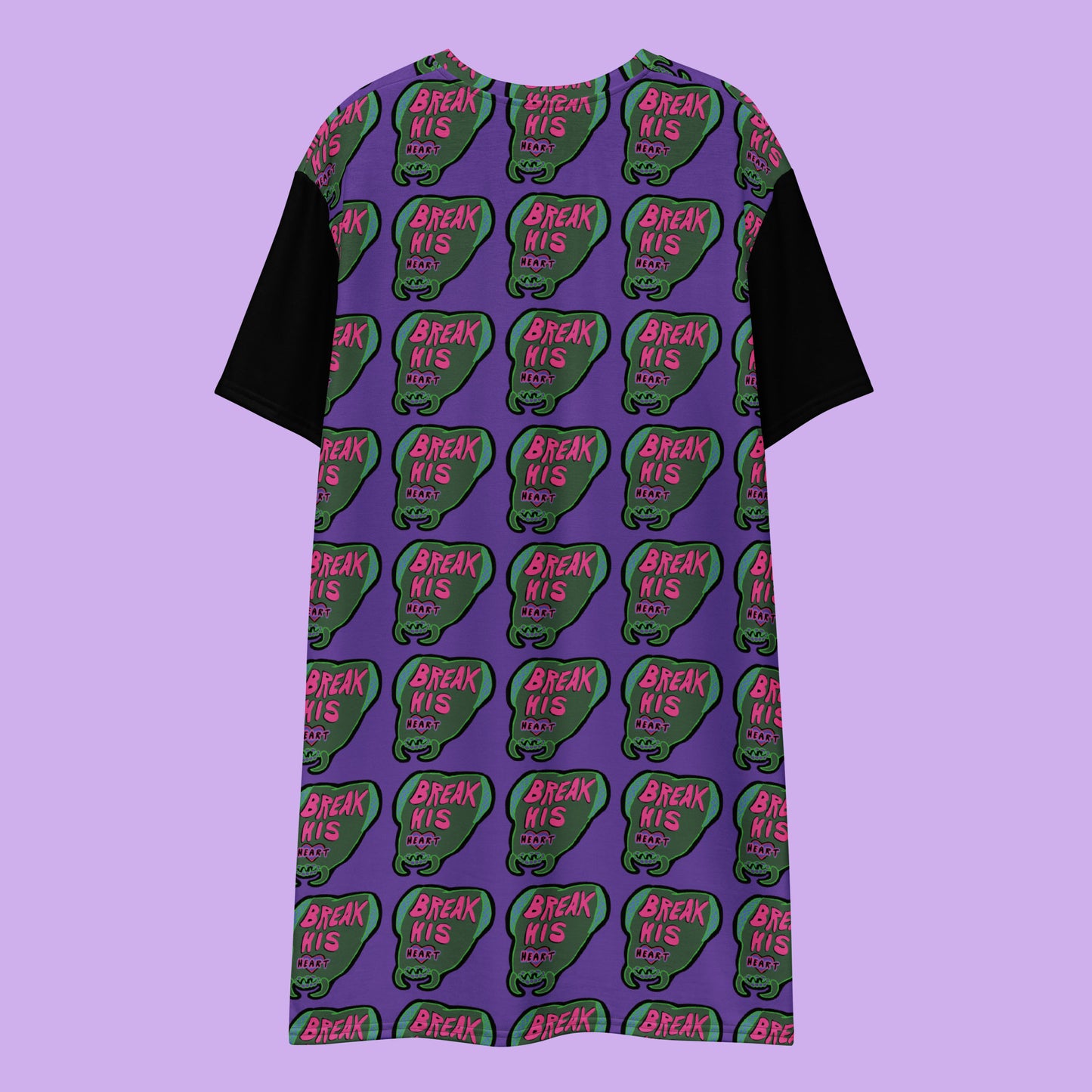 a purple t shirt dress with a praying mantis pattern and black sleeves