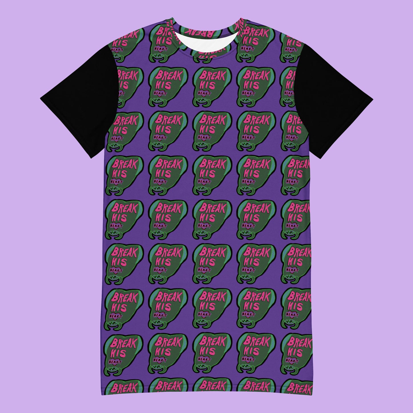 a purple t shirt dress with a praying mantis pattern and black sleeves