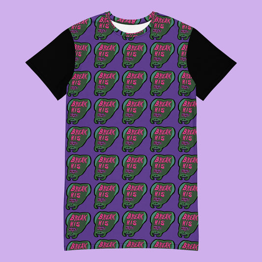 a purple t shirt dress with a praying mantis pattern and black sleeves