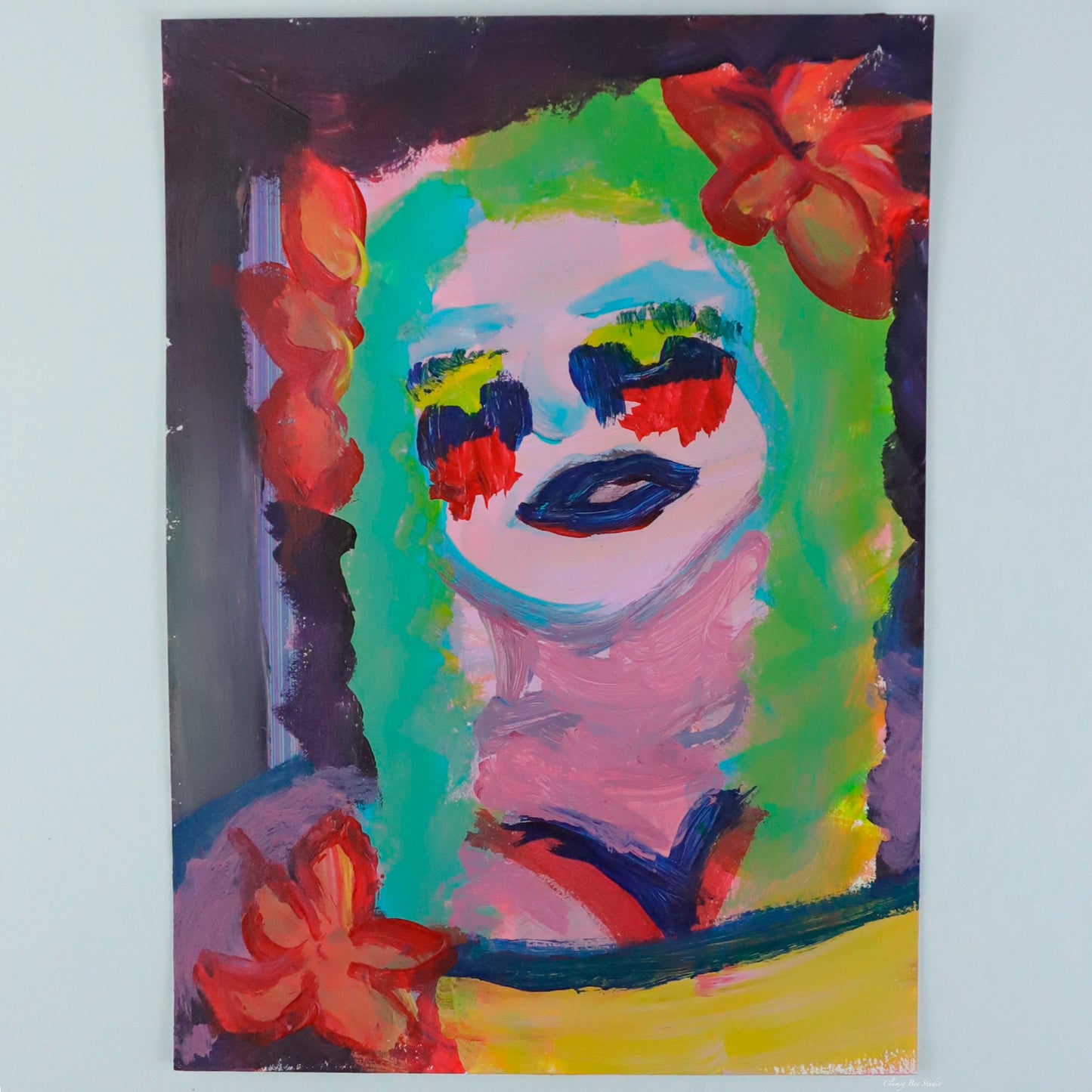 "Depression with Benefits" is an impressionism painting of a woman with green hair and flowers in her hair