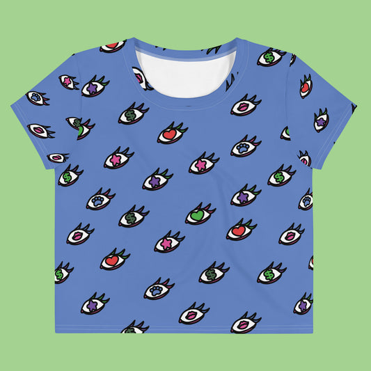 a light blue crop top with an eye print