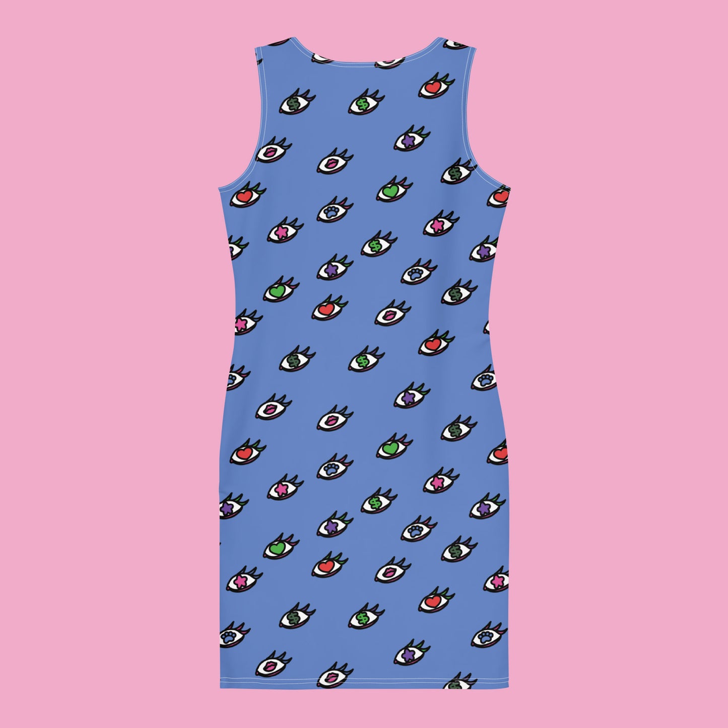 a blue fitted dress with an eyeball print