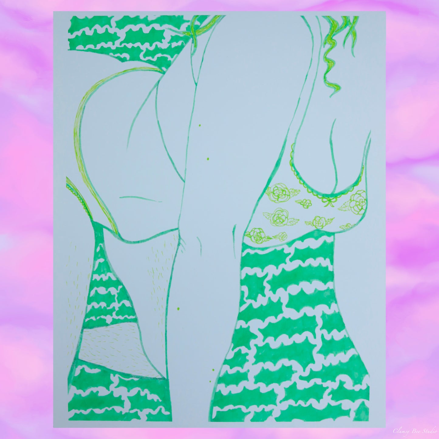 "Hot Nerdy Chick" is a monochromatic green body positive art print of a female figure