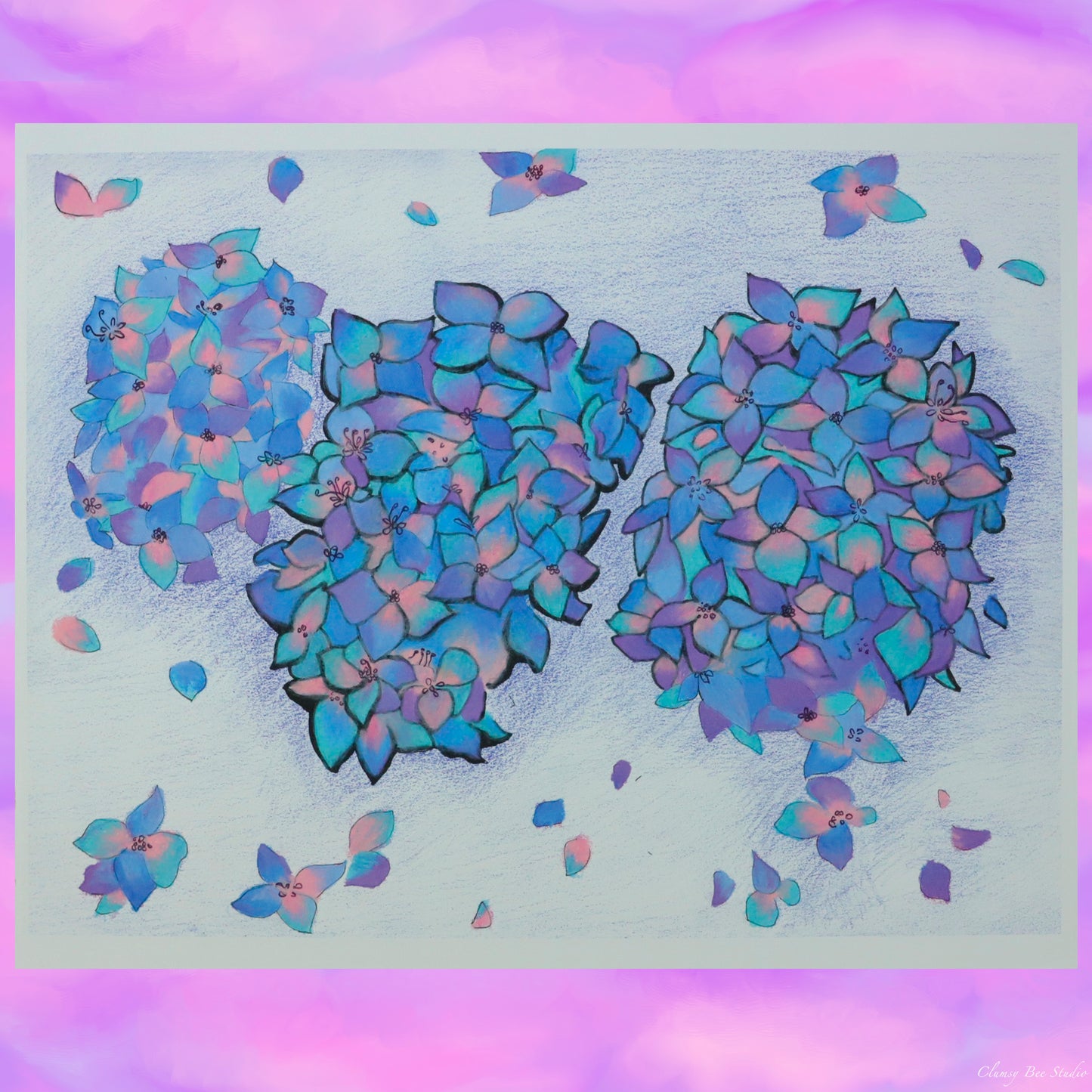 "Hydrangea" is a floral artwork with pink and blue flowers. an art print that would be perfect for a nursery or bedroom