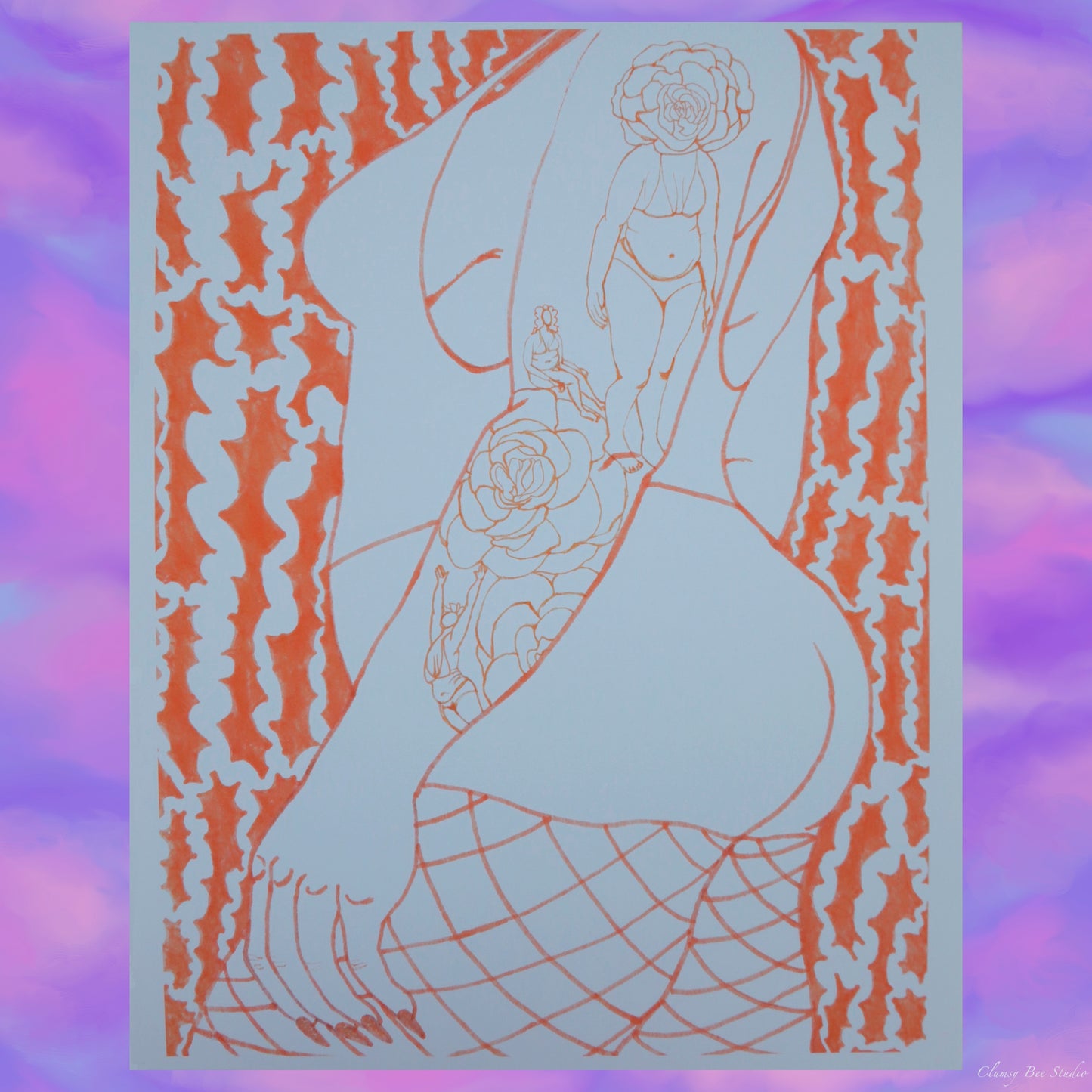 "I am always growing" is an orange art print showing a figure with tattoos in front of an abstracted surrealist background
