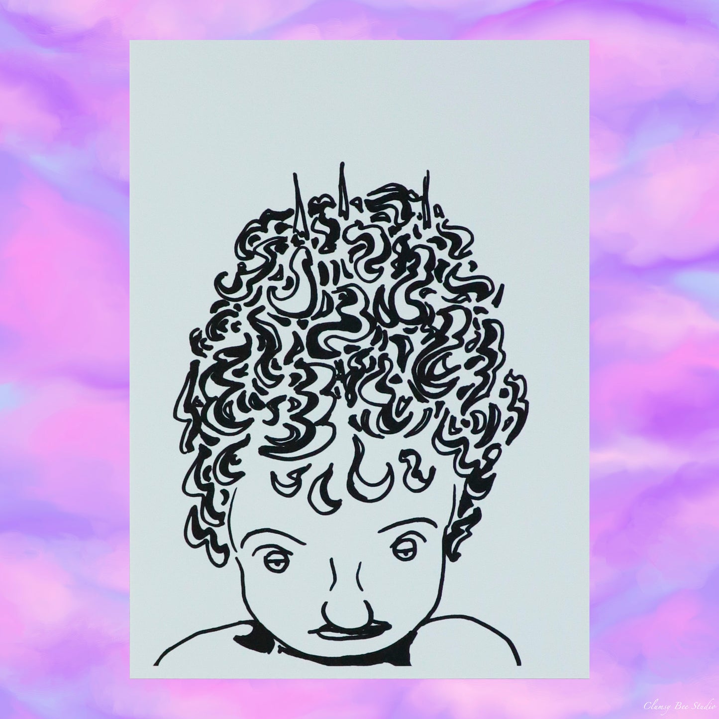 "Not Today" is a black and white art print with a female figure with curly hair looking downward