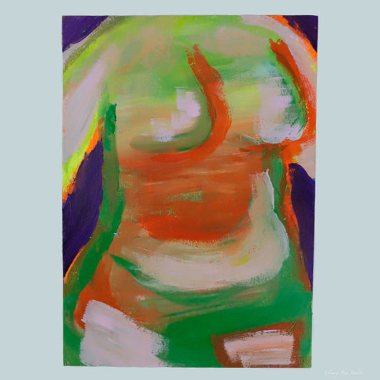 "Blurred Figure" is an impressionism style painting of a torso with contemporary colors