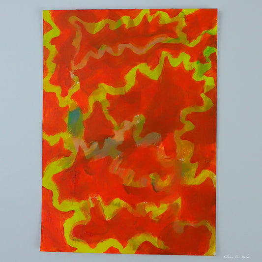 "Don't Give Up" is a bright orange painting with abstract organic shapes