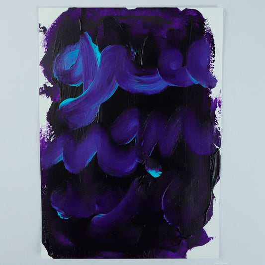 "Green Magic" is an purple and blue texture painting with text reading green magic