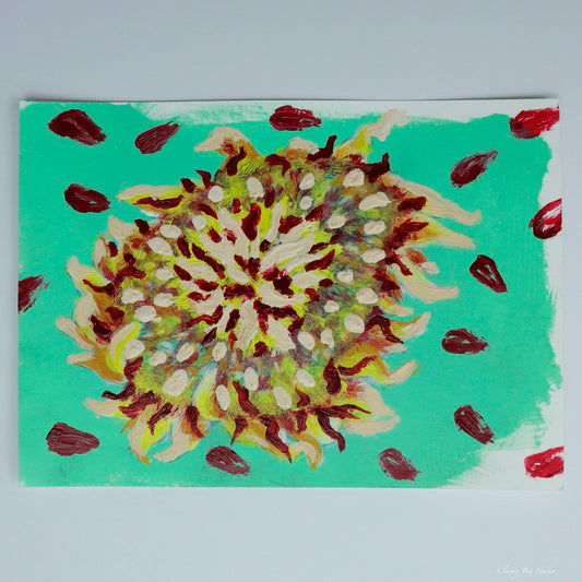 "Harvested Sunflower" is an acrylic painting of a sunflower with a green background