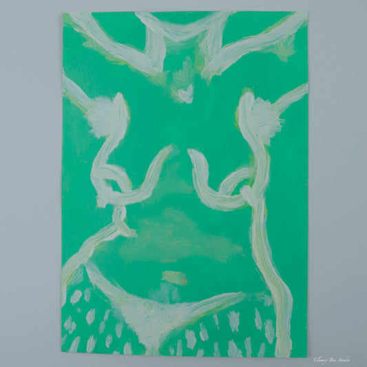 "Morning Stretch" is a texture painting with a line drawing of a figure