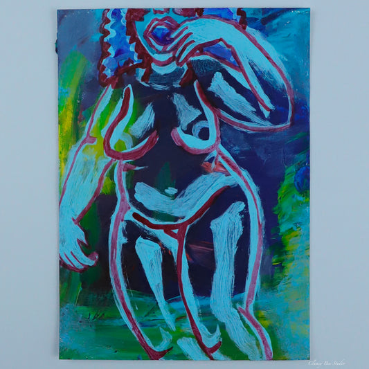 "Sleepy" is a colorful impressionism painting with a female figure yawning