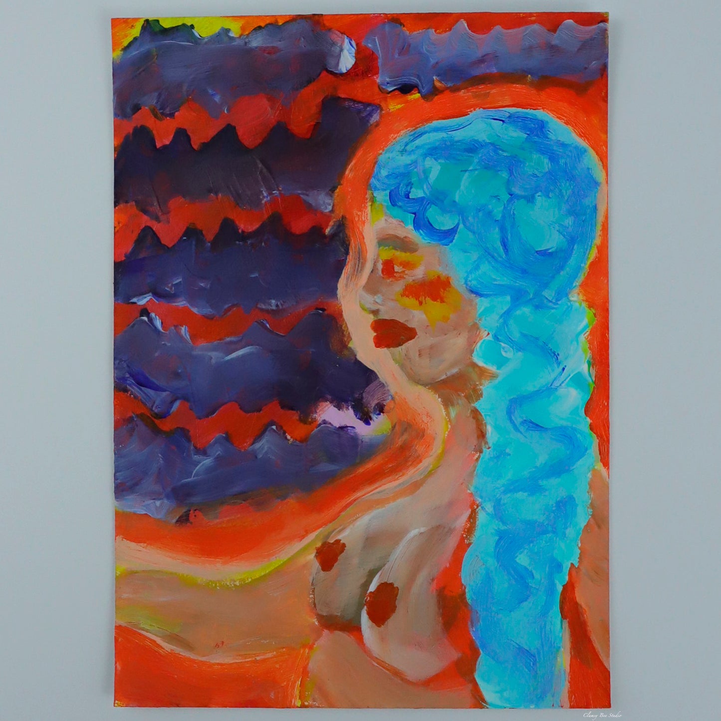 "Trust Issues " is a contemporary painting of a female figure with blue hair and abstract shapes in the background