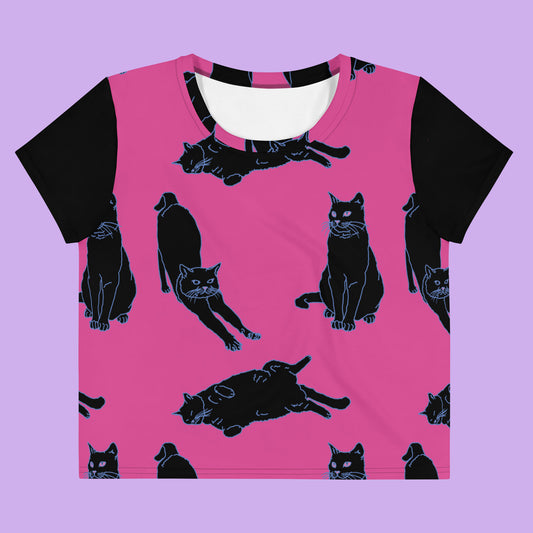 pink crop top with a black cat pattern