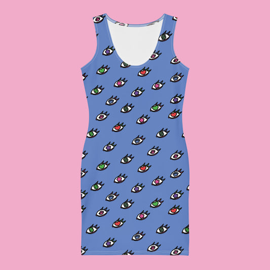 a blue fitted dress with an eyeball print