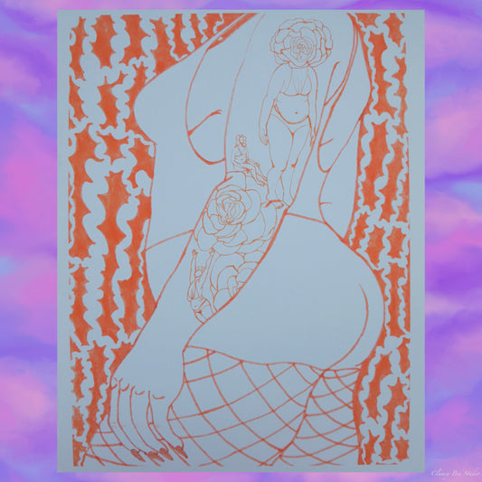 "I am always growing" is an orange art print showing a figure with tattoos in front of an abstracted surrealist background
