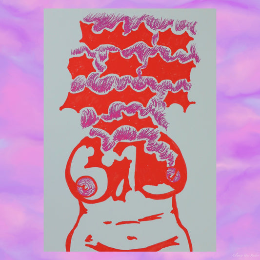 "Hypothesis" is a figurative art print with red line work and abstract shapes.