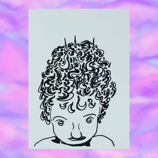 "Not Today" is a black and white art print with a female figure with curly hair looking downward