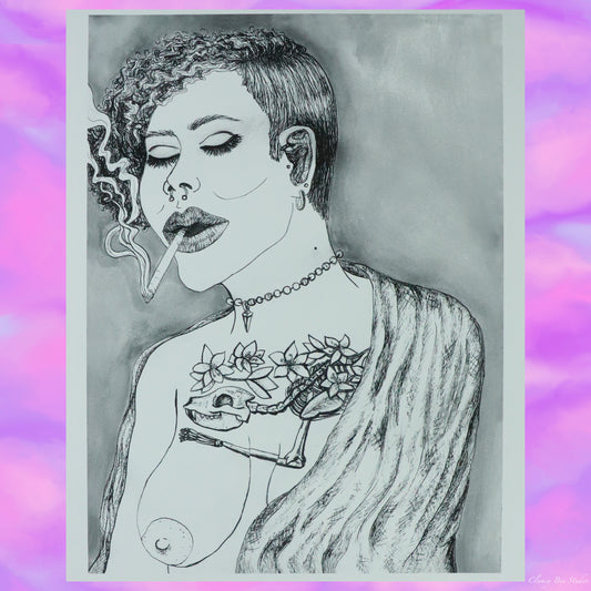 "Smoking Woman" is a black and white art print with a tattooed woman